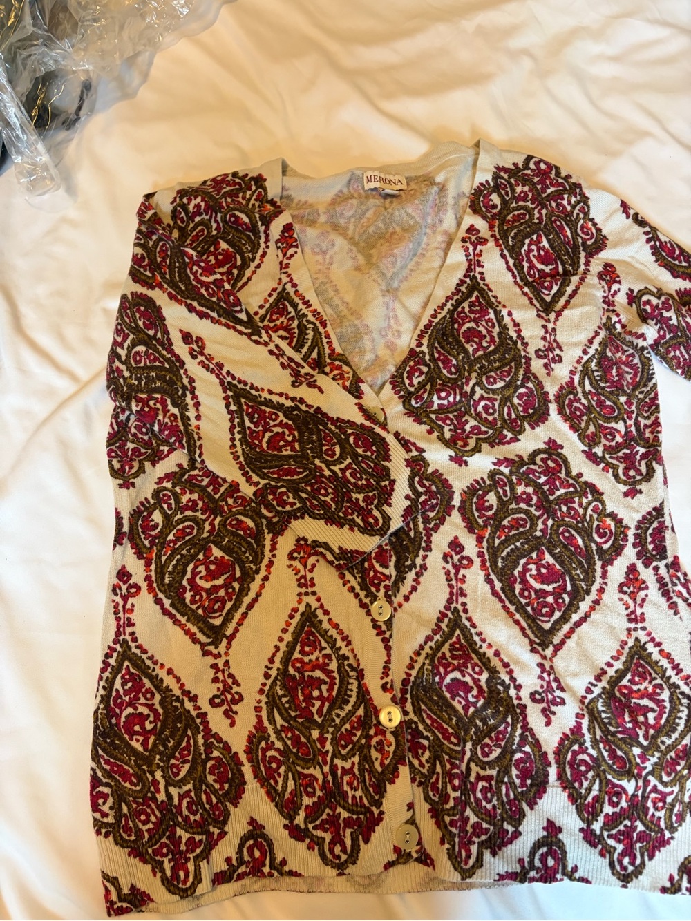 Merona Cream Cardigan with Red and Brown Paisley Print